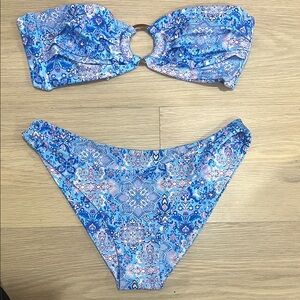 Kulani Kinis Blue Paisley Bandeau Bikini Set with Center Ring